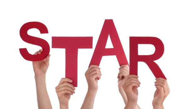 Many People Hands Holding Red Word Star — Stock Photo, Image