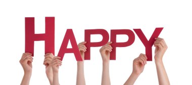 Pek çok kırmızı düz kelime mutlu tutan elleriyle