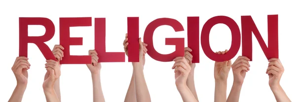 People Hands Holding Red Straight Word Religion — Stock Photo, Image