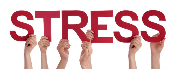 People Hands Holding Red Straight Word Stress — Stock Photo, Image