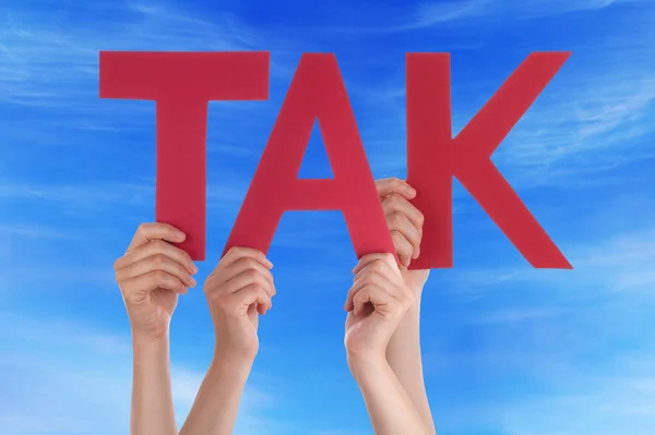 People Hold Straight Danish Tak Mean Thanks Sky — Stock Photo, Image