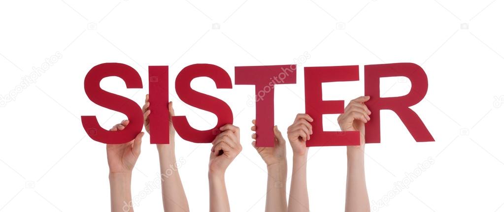 Many People Hands Holding Red Straight Word Sister