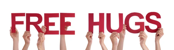 People Hands Holding Red Straight Word Free Hugs — Stock Photo, Image