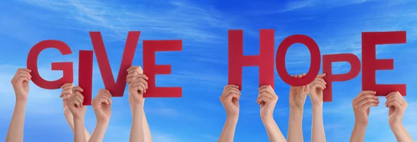 People Hands Holding Red Word Give Hope Blue Sky — Stock Photo, Image