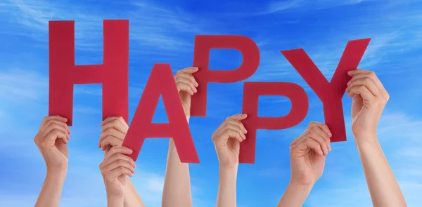 Muitas pessoas mãos segurando palavra vermelha céu azul feliz — Fotografia de Stock