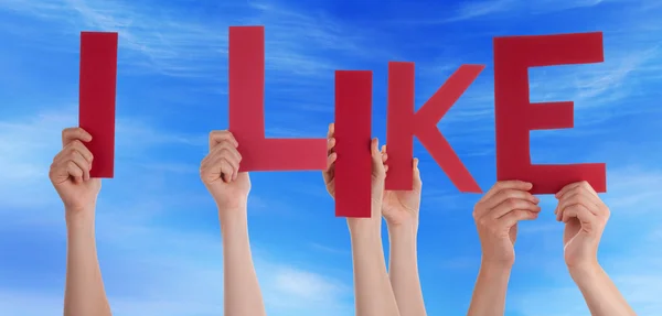 People Hands Holding Red Word I Like Blue Sky — Stock Photo, Image