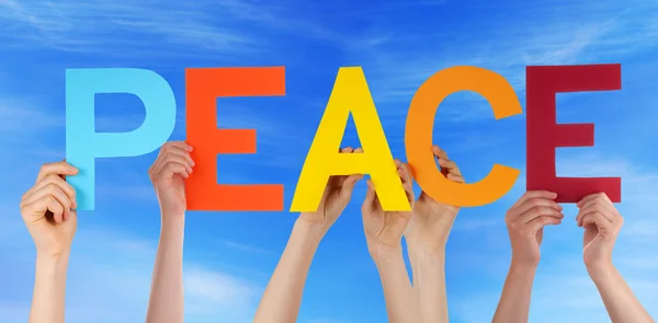 Hands Hold Colorful Straight Word Peace Blue Sky — Stock Photo, Image