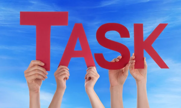 People Hands Hold Red Straight Word Task Blue Sky — Stock Photo, Image