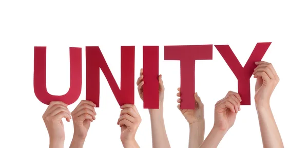 Many People Hands Holding Red Straight Word Unity — Stock Photo, Image