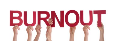 Birçok insanlar ellerini tutun kırmızı düz Word Burnout