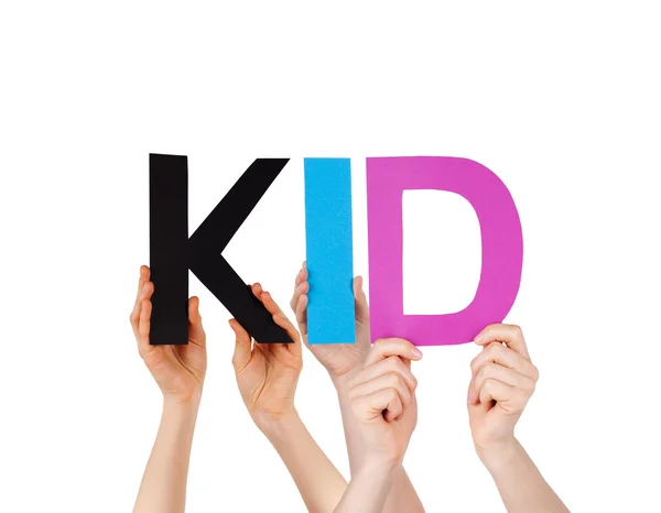 People Hands Holding Colorful Straight Word Kid — Stock Photo, Image