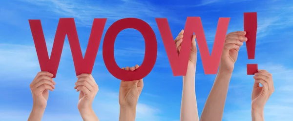 People Hands Hold Red Straight Word Wow Blue Sky — Stock Photo, Image