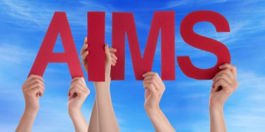 Kırmızı düz Word amaçları Holding eller mavi gökyüzü