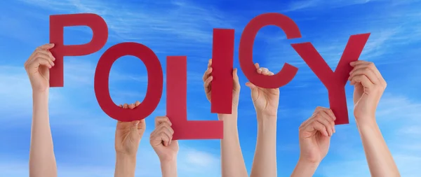 Many People Hands Holding Red Word Policy Blue Sky — Stock Photo, Image