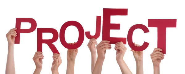 Many People Hands Holding Red Word Project — Stock Photo, Image