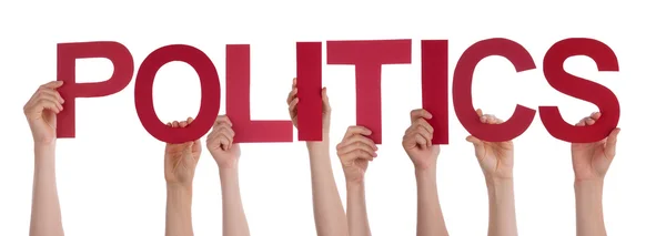 People Hands Holding Red Straight Word Politics — Stock Photo, Image