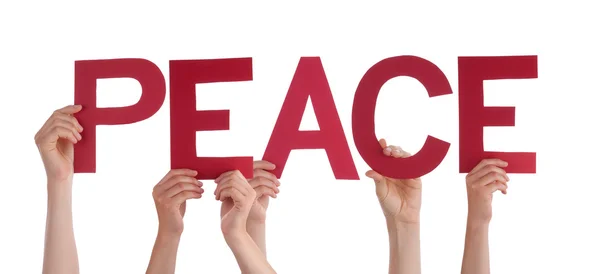 Many People Hands Holding Red Straight Word Peace — Stock Photo, Image