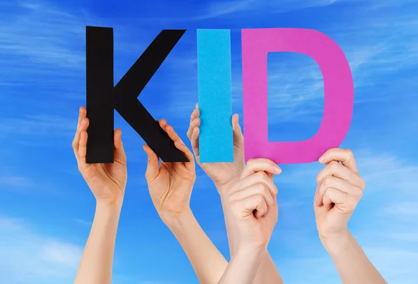 Hands Holding Colorful Straight Word Kid Blue Sky — Stock Photo, Image