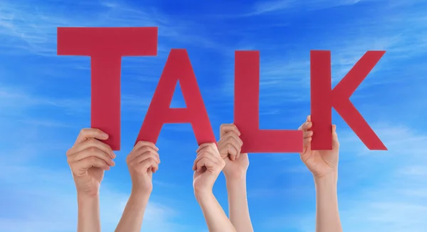 Hands Holding Red Straight Word Talk Blue Sky — Stockfoto