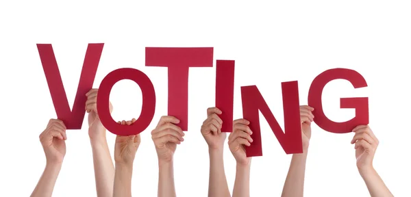 Many People Hands Holding Red Word Voting — Stock Photo, Image