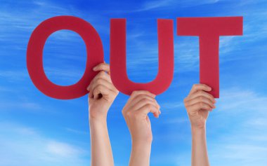 Many People Hands Holding Red Straight Word Out Blue Sky