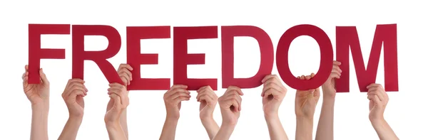 Many People Hands Holding Red Straight Word Freedom — Stock Photo, Image