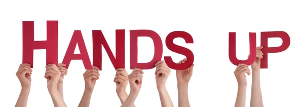 People Hands Holding Red Straight Word Hands Up — Stock Photo, Image