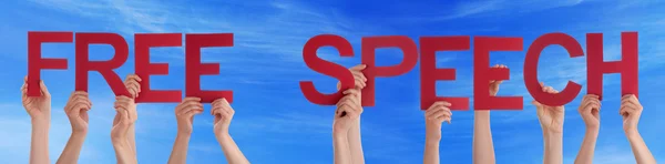 People Hold Red Straight Word Free Speech Blue Sky — 图库照片