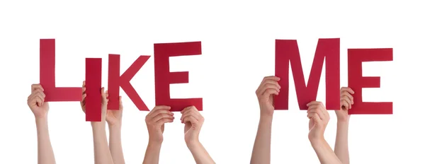 People Hands Holding Red Word Like Me — Stock Photo, Image