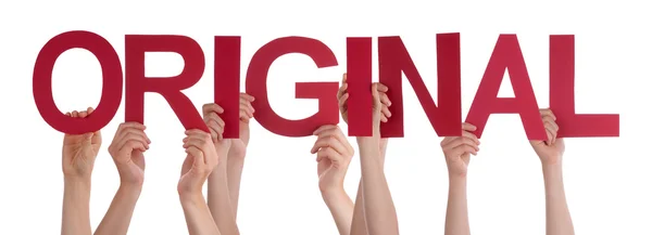 Many People Hands Holding Red Straight Word Original — Stock Photo, Image