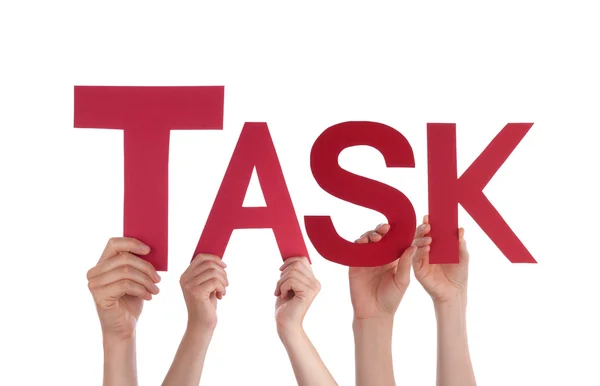 Many People Hands Holding Red Straight Word Task — Stock Photo, Image