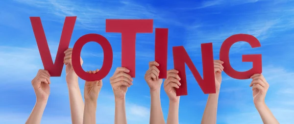 Many People Hands Holding Red Word Voting Blue Sky — Stock Photo, Image