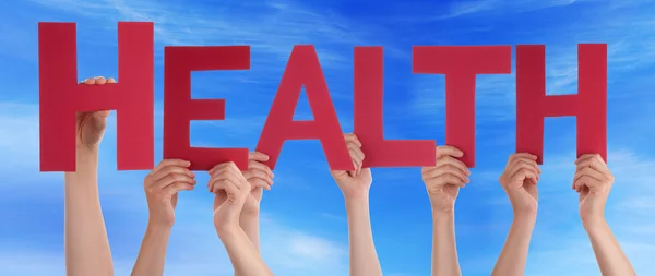 Many People Hands Holding Red Straight Word Health Blue Sky — Stock Photo, Image