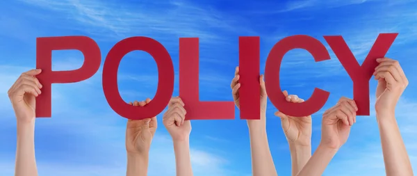 Many People Hands Holding Red Straight Word Policy Blue Sky — Stock Photo, Image