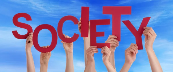 Many People Hands Holding Red Word Society Blue Sky — Stock Photo, Image