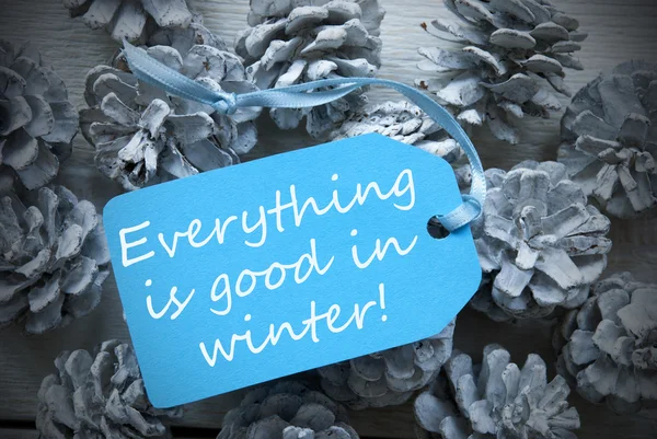 Hellblaues Etikett auf Tannenzapfen zitiert alles Gute im Winter — Stockfoto