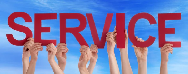 Many People Hands Holding Red Straight Word Service Blue Sky — Stock Photo, Image