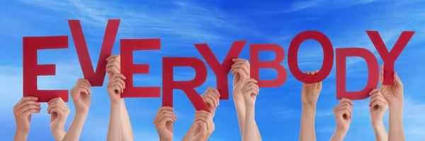 Many People Hands Holding Red Word Everybody Blue Sky — Stockfoto