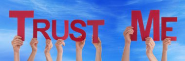 People Hands Holding Red Straight Word Trust Me Blue Sky clipart