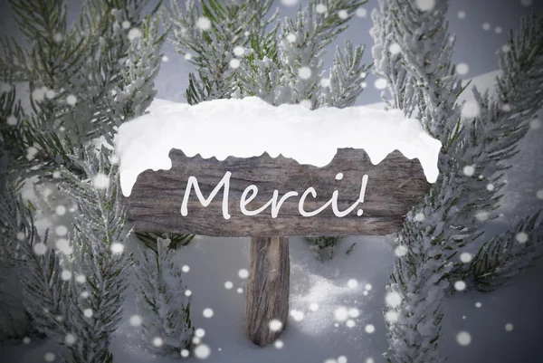 Christmas Sign Snowflakes Fir Tree Merci Mean Thanks — Stock fotografie