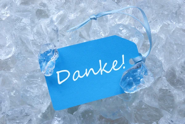 Blue Label On Ice With Danke Means Thank You — Stockfoto