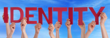 Many People Hands Holding Red Straight Word Identitiy Blue Sky