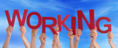 Many People Hands Holding Red Word Working Blue Sky