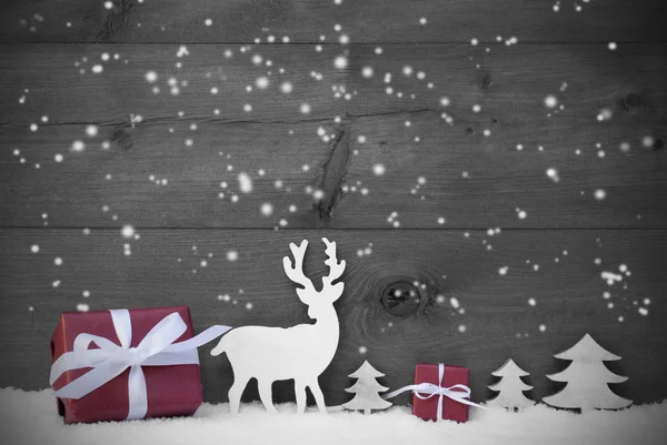 Μαύρο και άσπρο Χριστουγεννιάτικη κάρτα νιφάδες χιονιού κόκκινο δώρο — Φωτογραφία Αρχείου