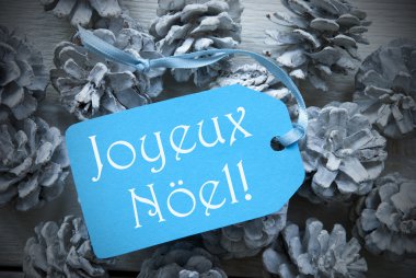 Çam kozalakları Joyeux Noel üzerinde mavi etiket mutlu Noeller anlamına gelir.