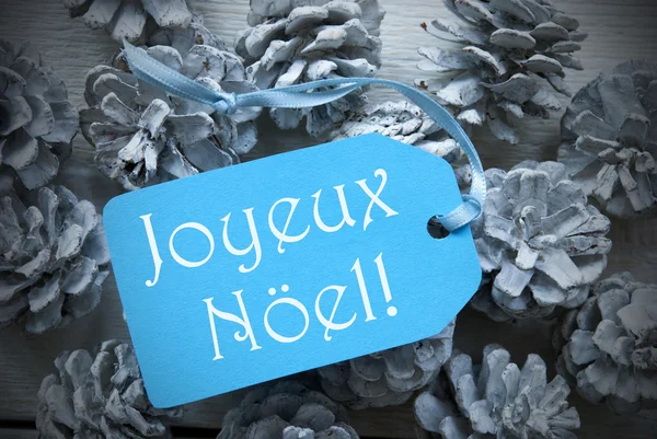 Çam kozalakları Joyeux Noel üzerinde mavi etiket mutlu Noeller anlamına gelir.