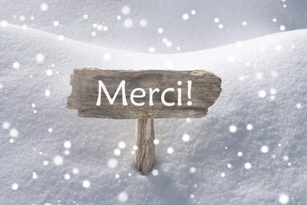 Christmas Sign Snow Snowflake Merci Mean Thank You — Stock Photo, Image