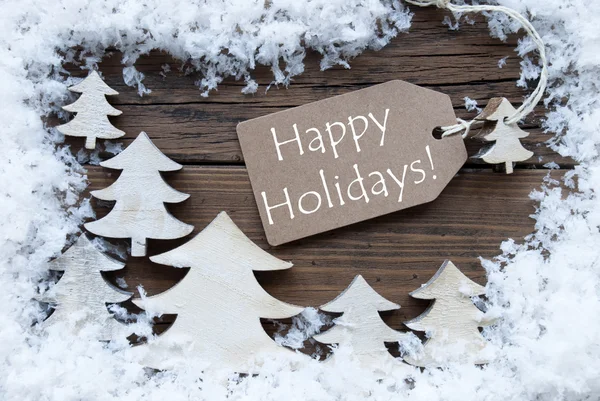 Label Christmas Trees And Snow Happy Holidays — Zdjęcie stockowe