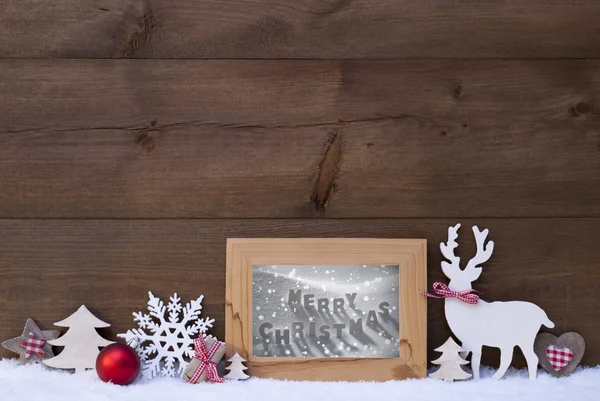 Wooden Background Snow Frame Merry Christmas — Stockfoto