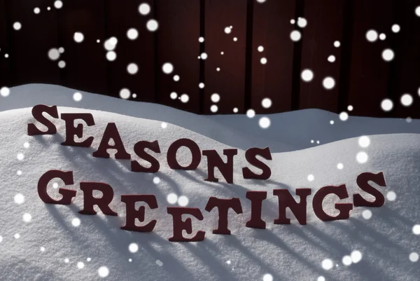 Christmas Word Seasons Greetings Snow Snowflakes — Stock Photo, Image